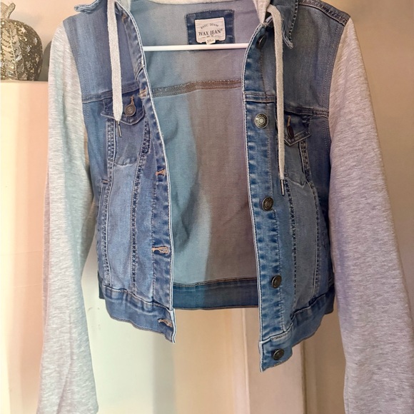 Girl Denim Jacket with Gray Hoodie Sleeves Teenager Size 12 - 16 - Picture 4 of 10